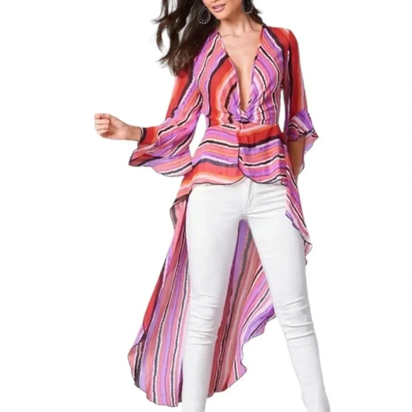 VENUS | Women’s Pink/Purple/White/Black Stripe Plunge Hi-Low Top Size 8 - Picture 2 of 10